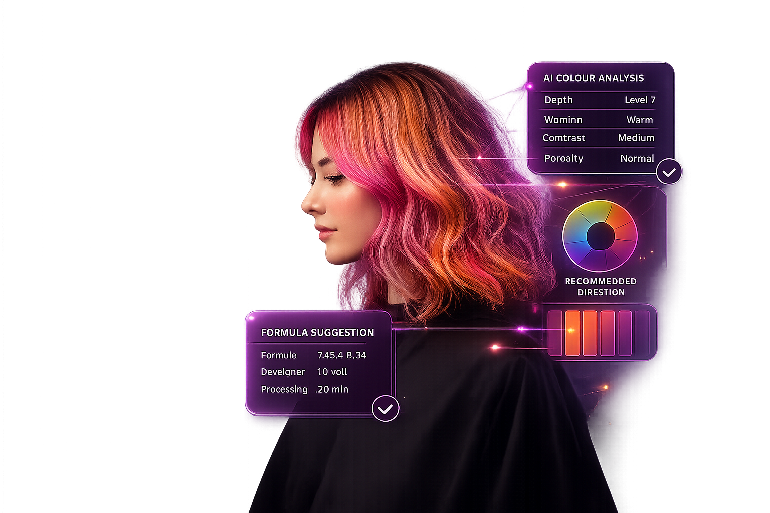 HairColorGPT a analisar uma foto de cliente — profundidade, calor, fórmula e direção recomendada