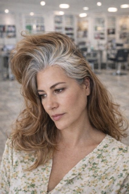Cliente con capelli grigi e ciocche argentate, prima del servizio di colore.