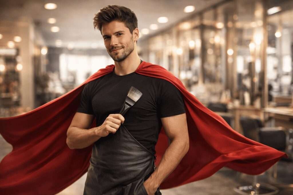 Colorista en un salón moderno con una capa roja y sosteniendo un pincel de tinte, posando como un superhéroe.